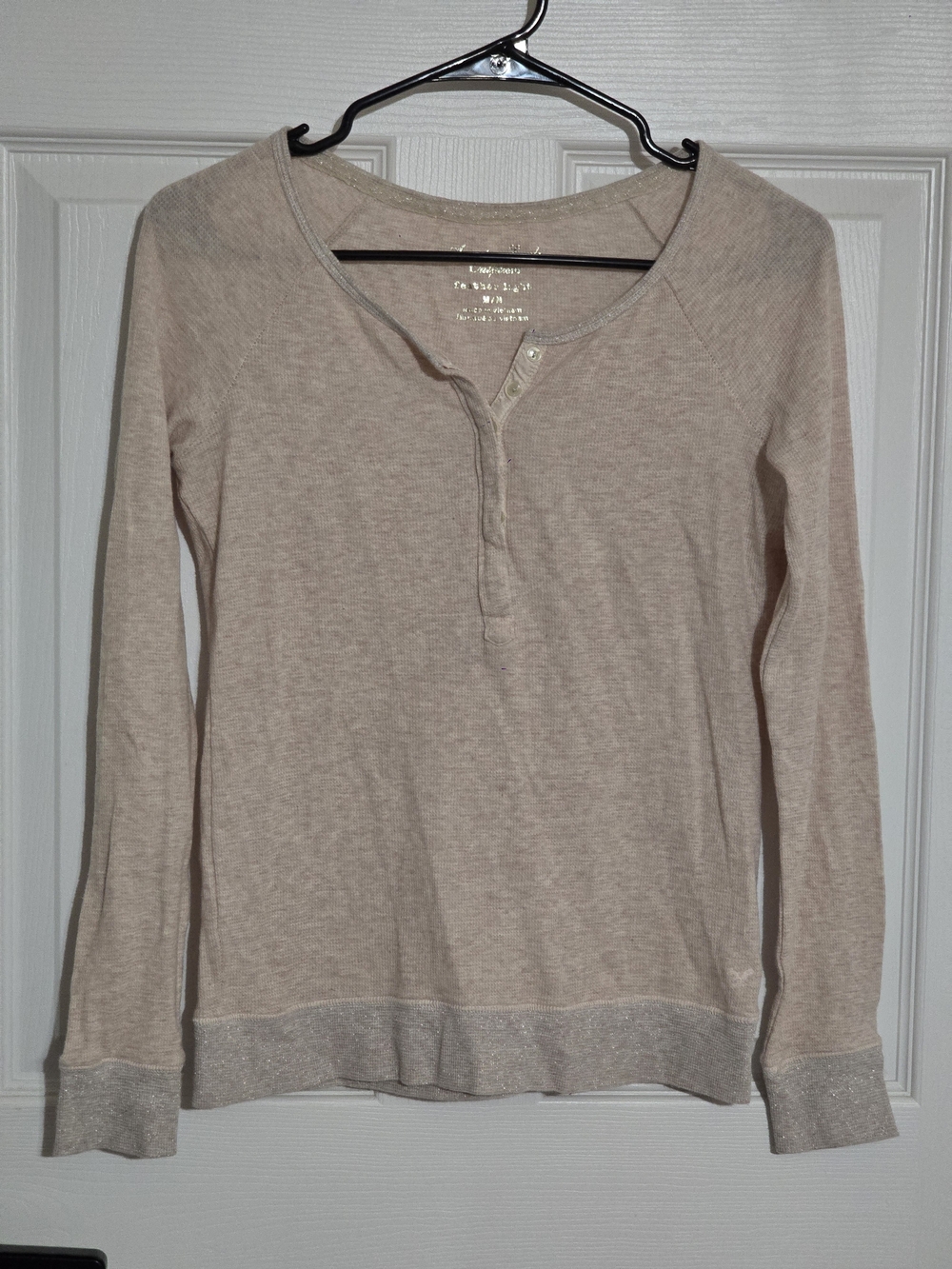 American Eagle Outfitters Light Cream Long Sleeve Henley with Shimmer Trim